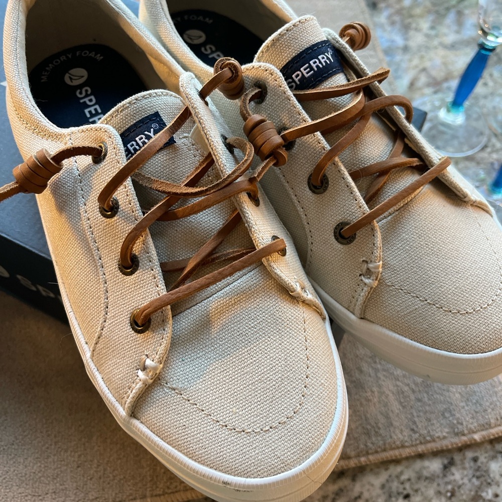 Sperry Cream Canvas Sneakers with Tan Laces
